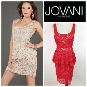 Jovani Womens Peplum Backless Cocktail Dress Size 8 Red Beaded Floral Lace NWT